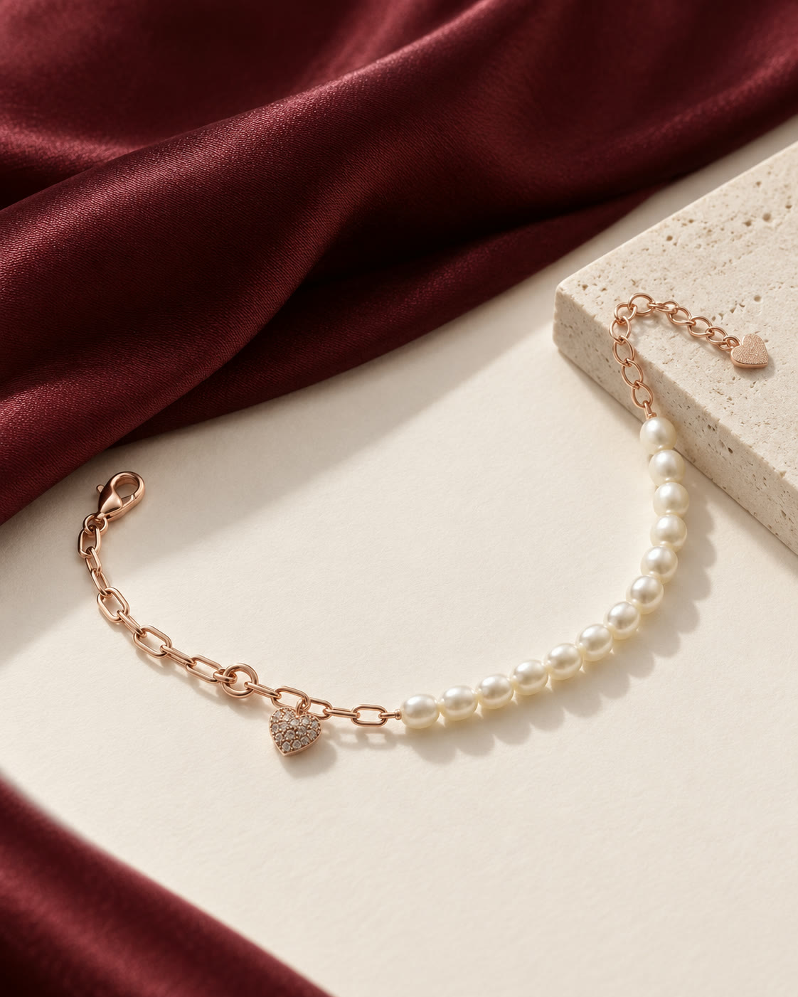 A half-pearl heart charm bracelet photographed close, still and unworn