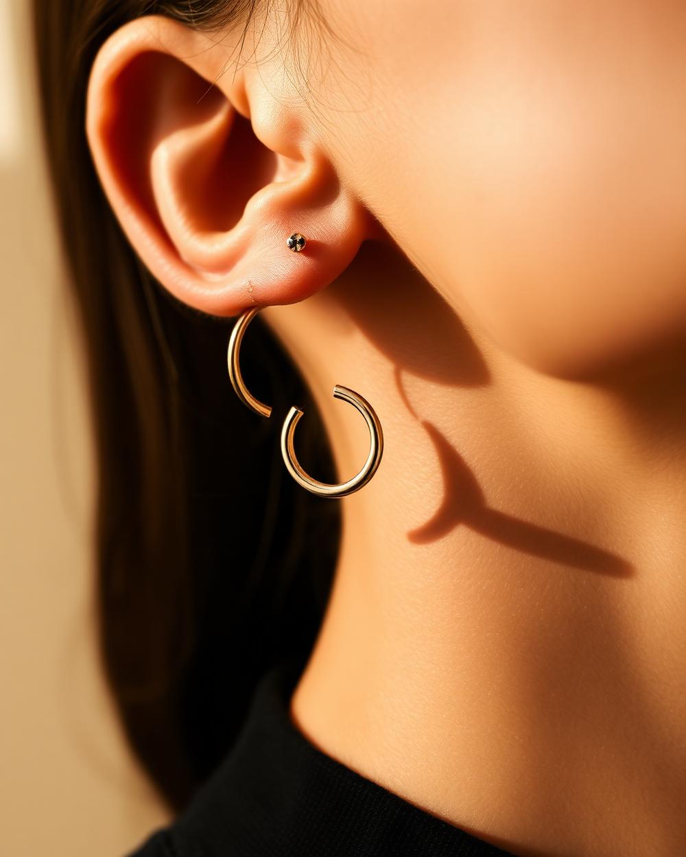 A sculptural hoop earring and fine stud worn together