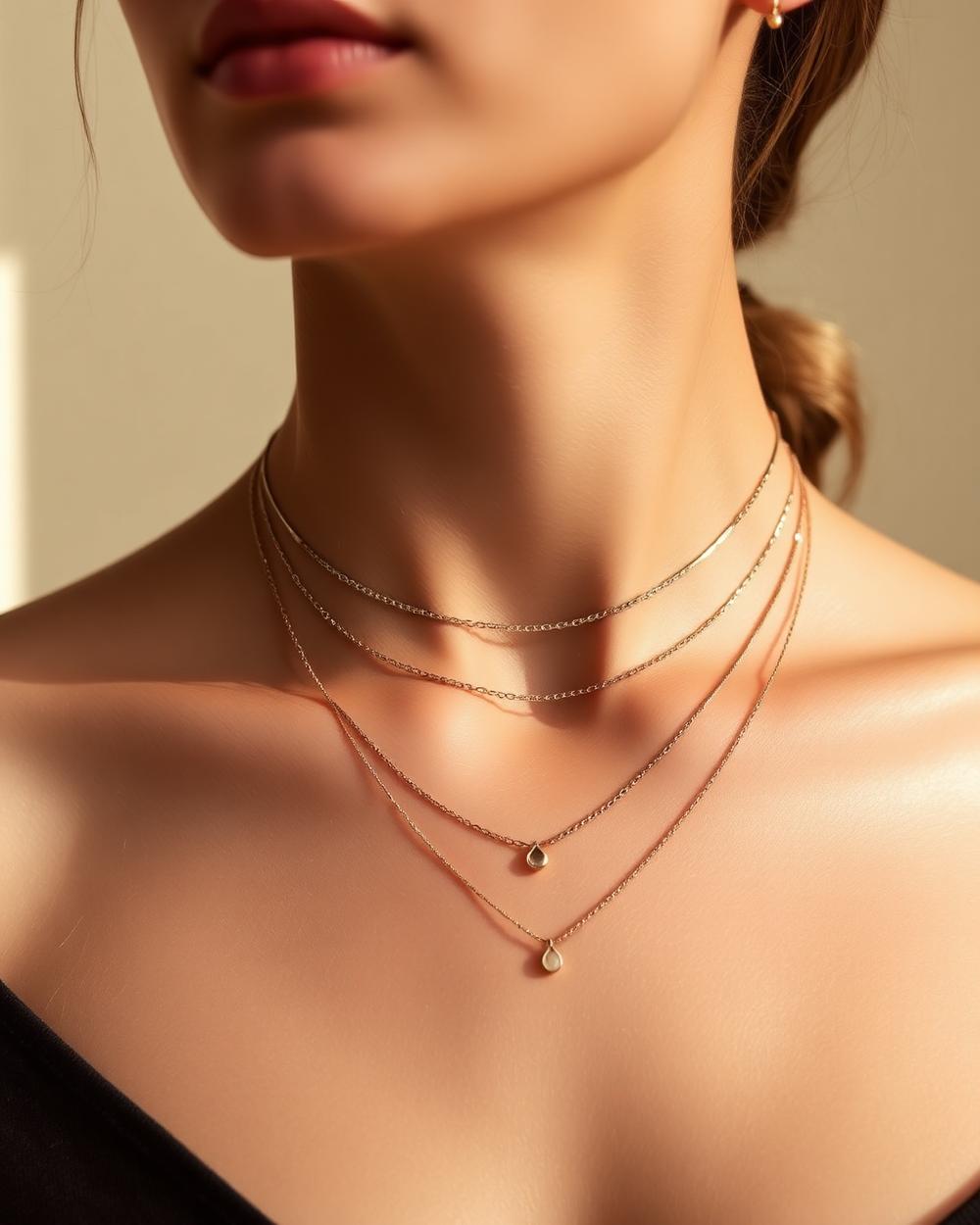 Layered fine chain necklaces worn at the collarbone