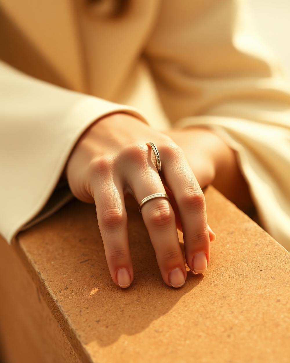 Two slim stacked rings worn on a hand resting on stone